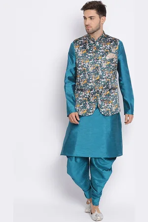 Hangup Men Blue & Yellow Solid Kurta with Patiala & Nehru Jacket