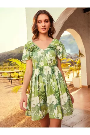 ATHENA Green Floral Printed V-Neck Fit & Flare Mini Dress