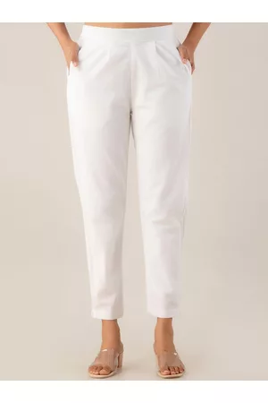 Kohsh Women Mid Rise Pure Cotton Cigarette Trousers