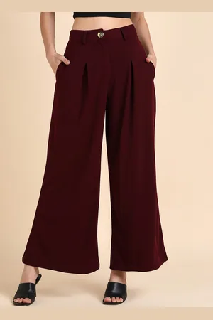 DODO & MOA Women Burgundy Mid-Rise Relaxed Fit Pleated Parallel Trousers