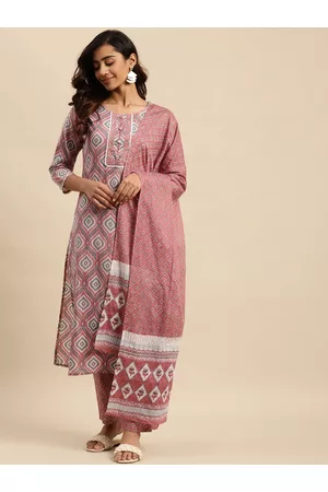 Sangria Ethnic Motif-Printed Sequinned Pure-Cotton Straight Kurta With Trouser & Dupatta