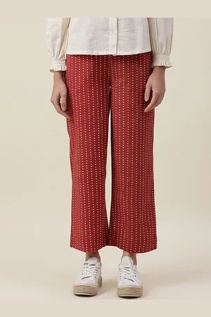 Fabindia Women Maroon Printed Cotton Pleated Trousers