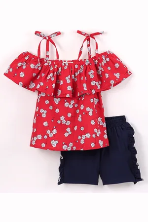 CrayonFlakes Girls Red & Black Printed Top with Shorts Clothing Set