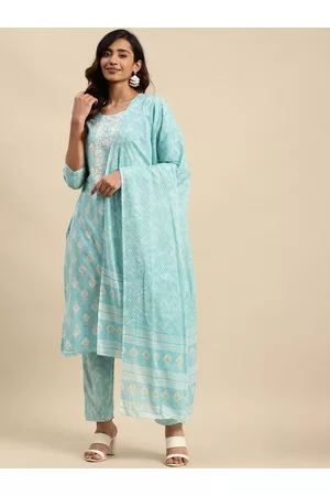 Sangria Ethnic Motif Printed Thread Work Pure-Cotton Straight Kurta With Trouser & Dupatta