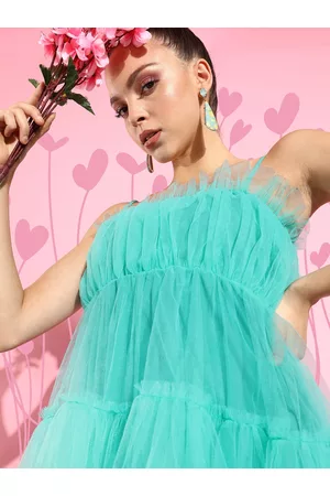 KASSUALLY Women Alluring Turquoise Blue Solid Tulle Dress