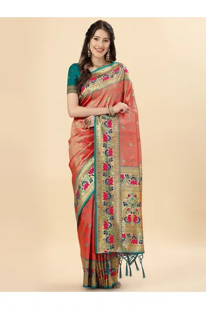 Mitera Orange & Green Ethnic Motifs Woven Design Zari Pure Silk Paithani Saree