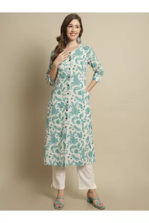 Pistaa Floral Printed Straight Pure Cotton Kurta