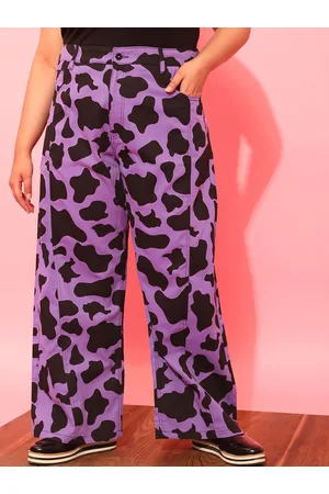 CURVY STREET Women Plus Size Lavender Printed Relaxed Straight Leg Pure Cotton Trousers