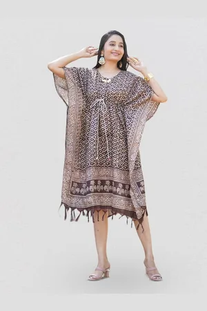 Kesarya Brown Ethnic Motifs Print Kaftan Midi Dress