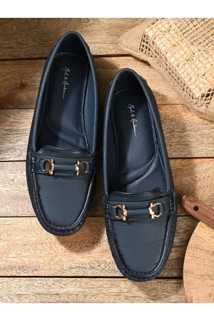 Mast & Harbour Women Navy Blue Textured Massage Footbed Memory Foam Horsebit Loafers