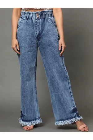 AngelFab Women Jean Wide Leg Frayed Hem High-Rise Heavy Fade Cotton Jeans