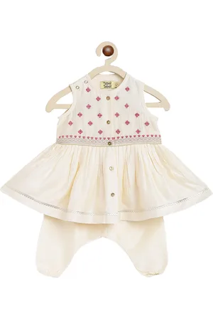 Tiber Taber Girls Off White Embroidered Angrakha Kurta with Salwar
