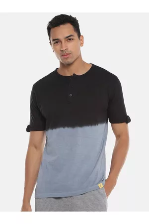 Campus Black & Grey Tie & Dye Henley Neck Cotton T-shirt