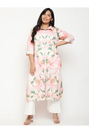 Amydus Plus Size Floral Printed Shirt Collar Curved Kurta