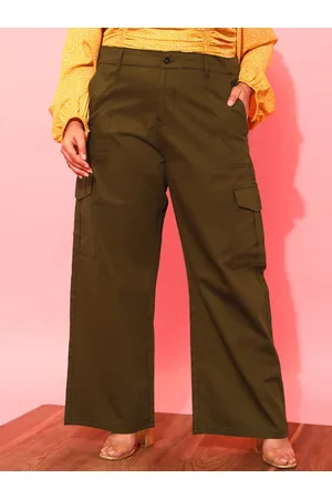 CURVY STREET Women Plus Size Olive Green Relaxed Straight Leg Pure Cotton Trousers