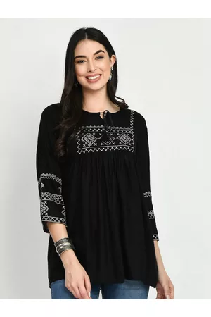 HERE&NOW Black Tie Up Neck Ethnic Motifs Embroidered Kurti