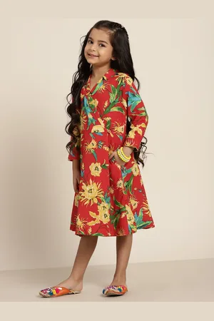 Sangria Girls Red & Yellow Pure Cotton Floral Print Wrap Dress