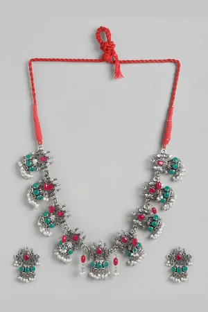Anouk Oxidized Silver & Pink Stone Studded & Beaded Necklace