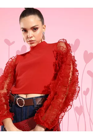 KASSUALLY Women Gorgeous Red Solid Ruffled Top