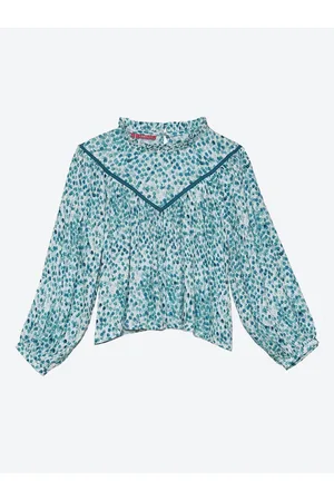 Biba Girls Blue & White Ethnic Motif Puff Sleeves Print Top