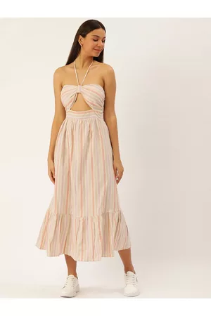 Forever 21 Striped Halter Neck Linen Cotton A-Line Maxi Dress