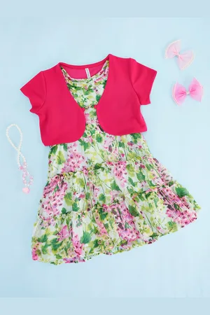 Pantaloons Girls Floral Printed Halter Neck Tiered Cotton A-Line Dress With Shrug