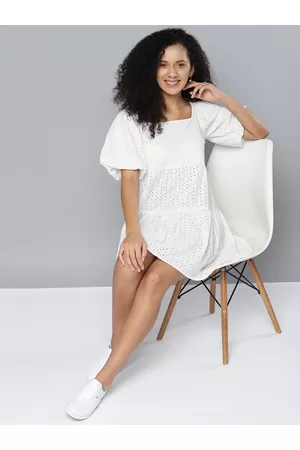 Mast & Harbour Puff Sleeve Schiffli Fit & Flare Mini Dress