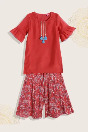Biba Girls Red & White Ethnic Motifs Gotta Patti Kurta with Sharara