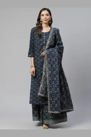Divena World Women Navy Blue & Beige Printed Pure Cotton Kurta with Palazzos & Dupatta