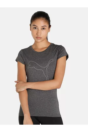 PUMA Women Grey Brand Logo Printed Slim Fit Training or Gym T-shirt