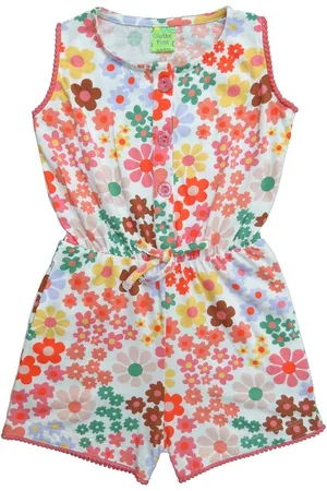 Clothe Funn Girls Floral Printed Sleeveless Cotton Playsuit