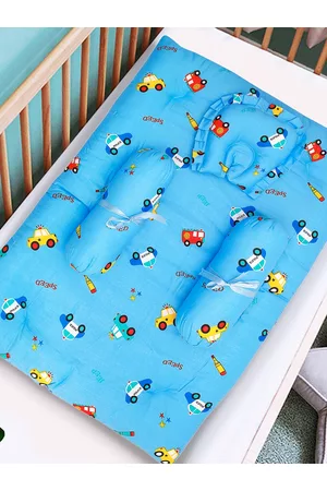 Baby Moo Kids Blue Printed Cotton Mattress Set With Neck Pillow and Bolsters