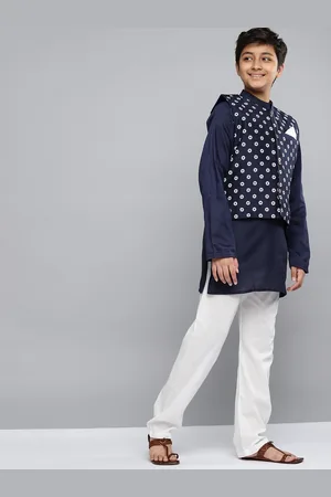 YK Boys Navy Blue Printed Kurta with White Pyjamas & Nehru Jacket