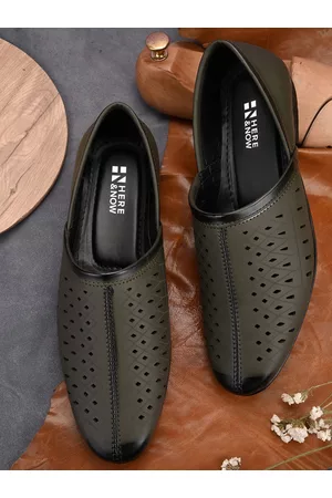 HERE&NOW Men Olive Green Perforations Lightweight Slip-On Loafers