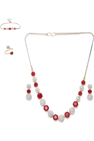 Anouk Gold-Plated Red Stone-Studded Necklace & Earring With Ring & Bracelete
