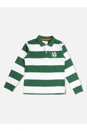 Pepe Jeans Boys Green & White Striped Polo Collar T-shirt