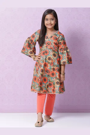 Biba Girls Green Floral Printed Pure Cotton Kurta with Leggings