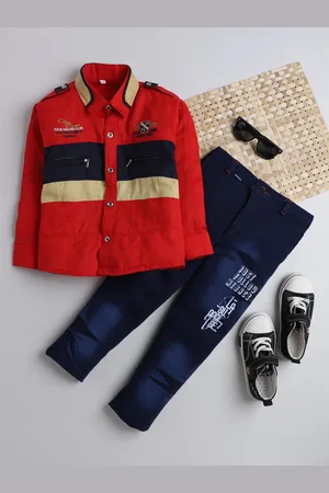 DKGF FASHION Boys Red & Navy Blue Colourblocked Shirt & Trouser