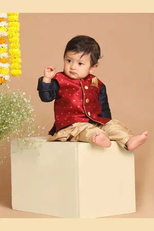 Vastramay Boys Navy Blue Kurta with Dhoti Pant With Maroon Woven Nehru Jacket