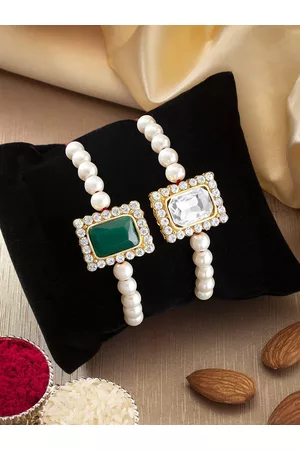 I Jewels Men Set Of 2 White Stone-Studded & Pearl Beaded Rakhi