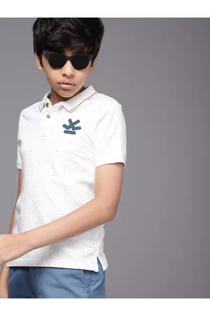 WROGN Boys Off White Printed Polo Collar Pure Cotton Slim Fit T-shirt