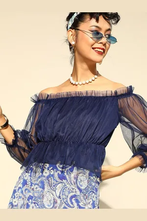 BAESD Off-Shoulder Bell Sleeves Smocking Detail Net Bardot Crop Top