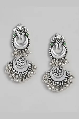 Sangria Silver-Toned Beaded Crescent Shaped Chandbalis