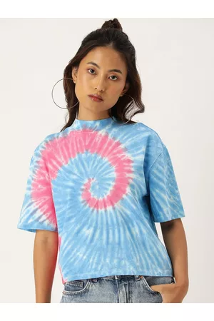 Kook N Keech Tie & Dye High Neck Drop-Shoulder Sleeves Boxy Pure Cotton T-shirt