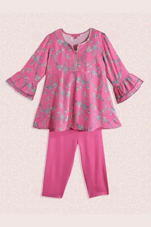 Biba Girls Pink Floral Printed Kurta with Trousers