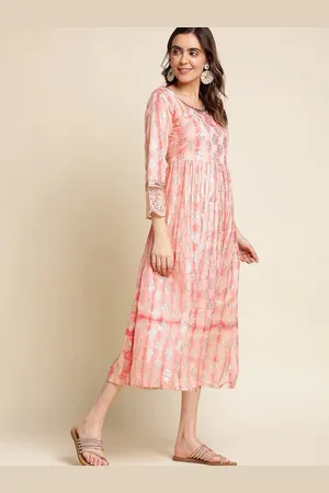 Ishin Peach-Coloured Floral Print Puff Sleeve Maxi Dress