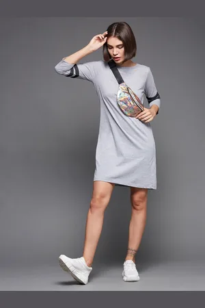 Miss Chase Women Grey Round Neck Cotton T-shirt Dress