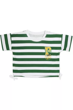 Pepe Jeans Girls Green & White Brand Logo Striped Applique T-shirt