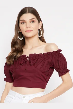 BAESD Off-Shoulder Puff Sleeves Smocking Bardot Crop Top