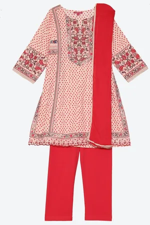 Biba Girls Pink & Red Geometric Printed Cotton Straight Kurta Leggings With Dupatta